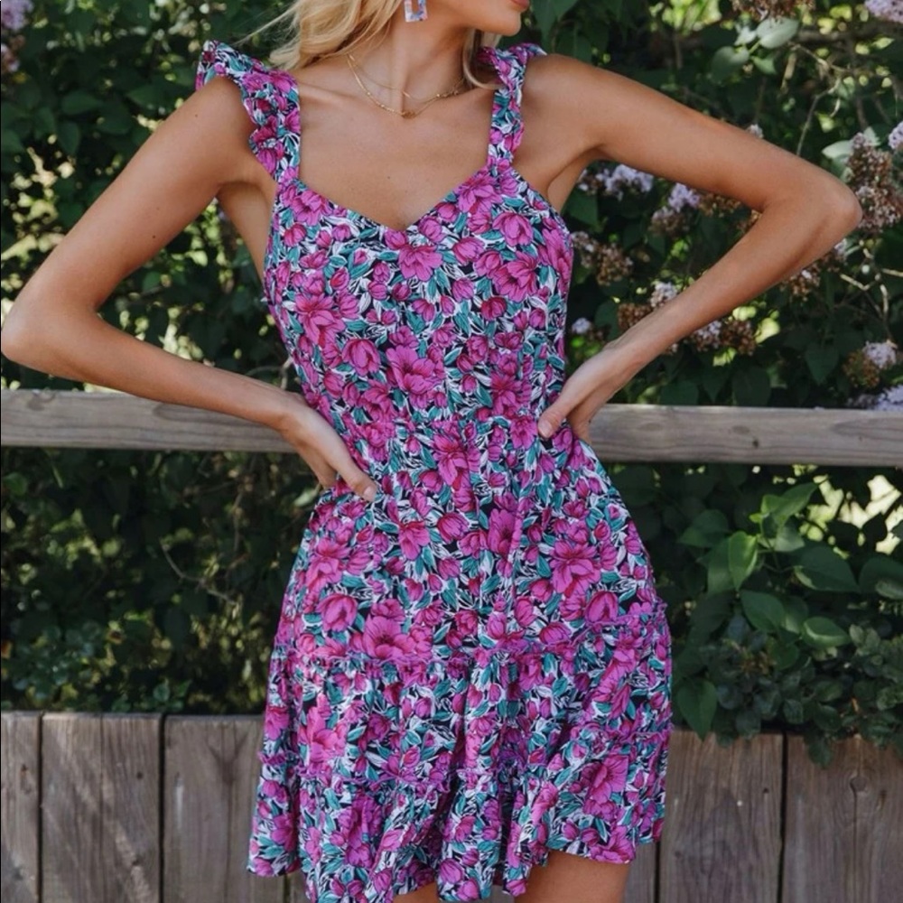 SHEIN Floral Print Ruffle Self-Tie Mini Dress